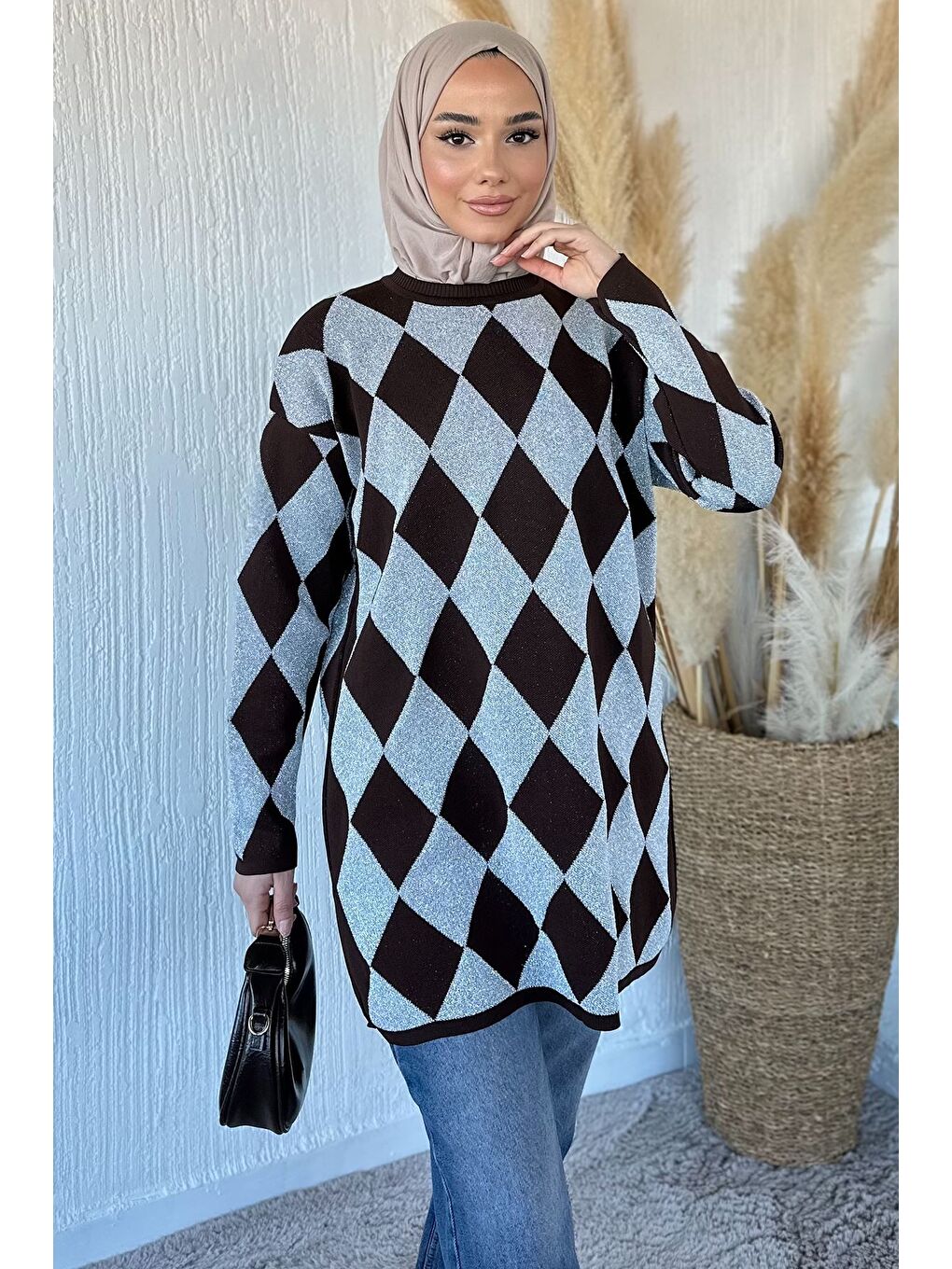 Kahverengi Desenli Simli Tesettür Triko Tunik-2