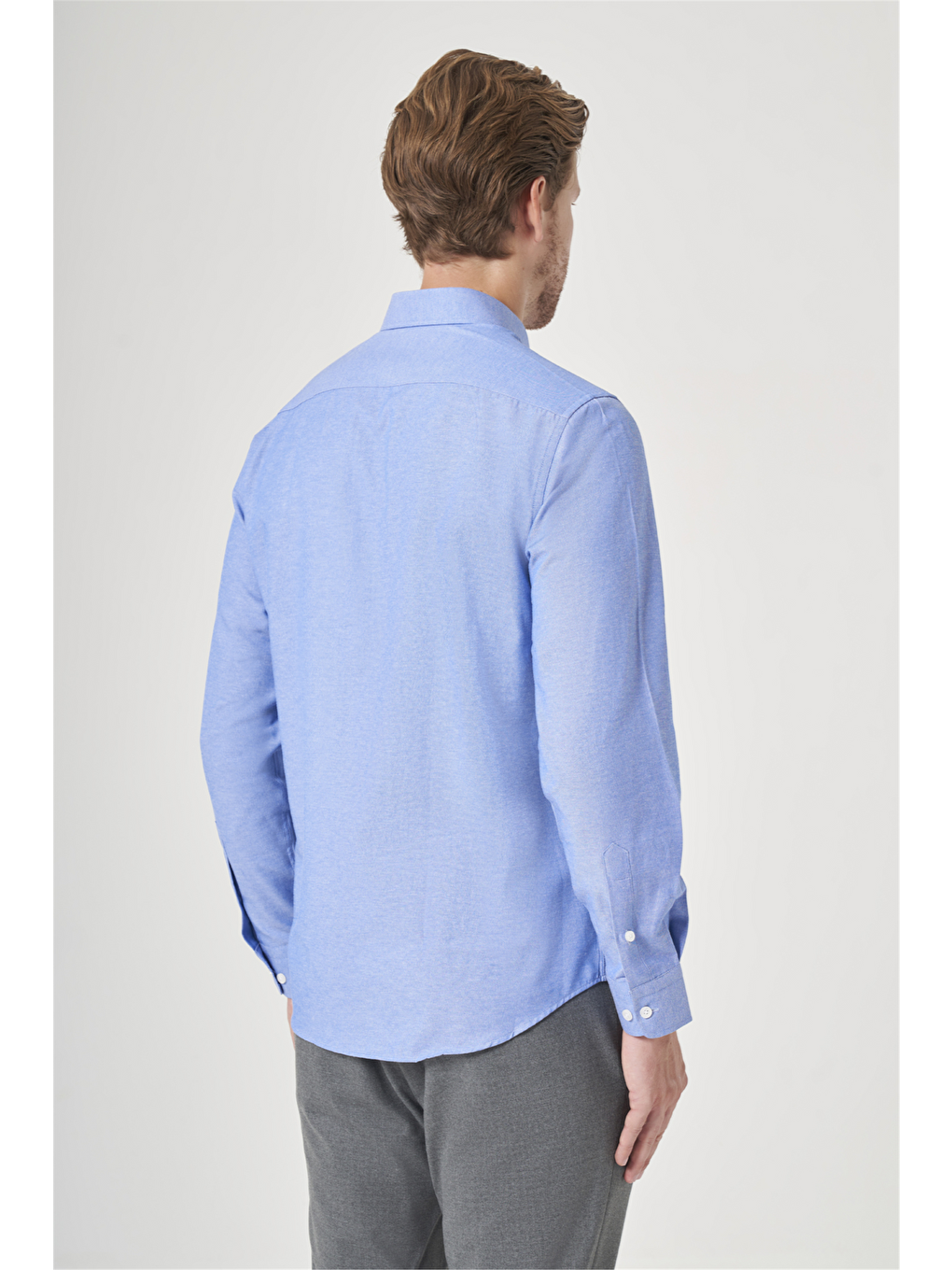 Mavi Düğmeli Yaka Uzun Kol Slim Fit Pamuklu Gömlek 1004260235-4