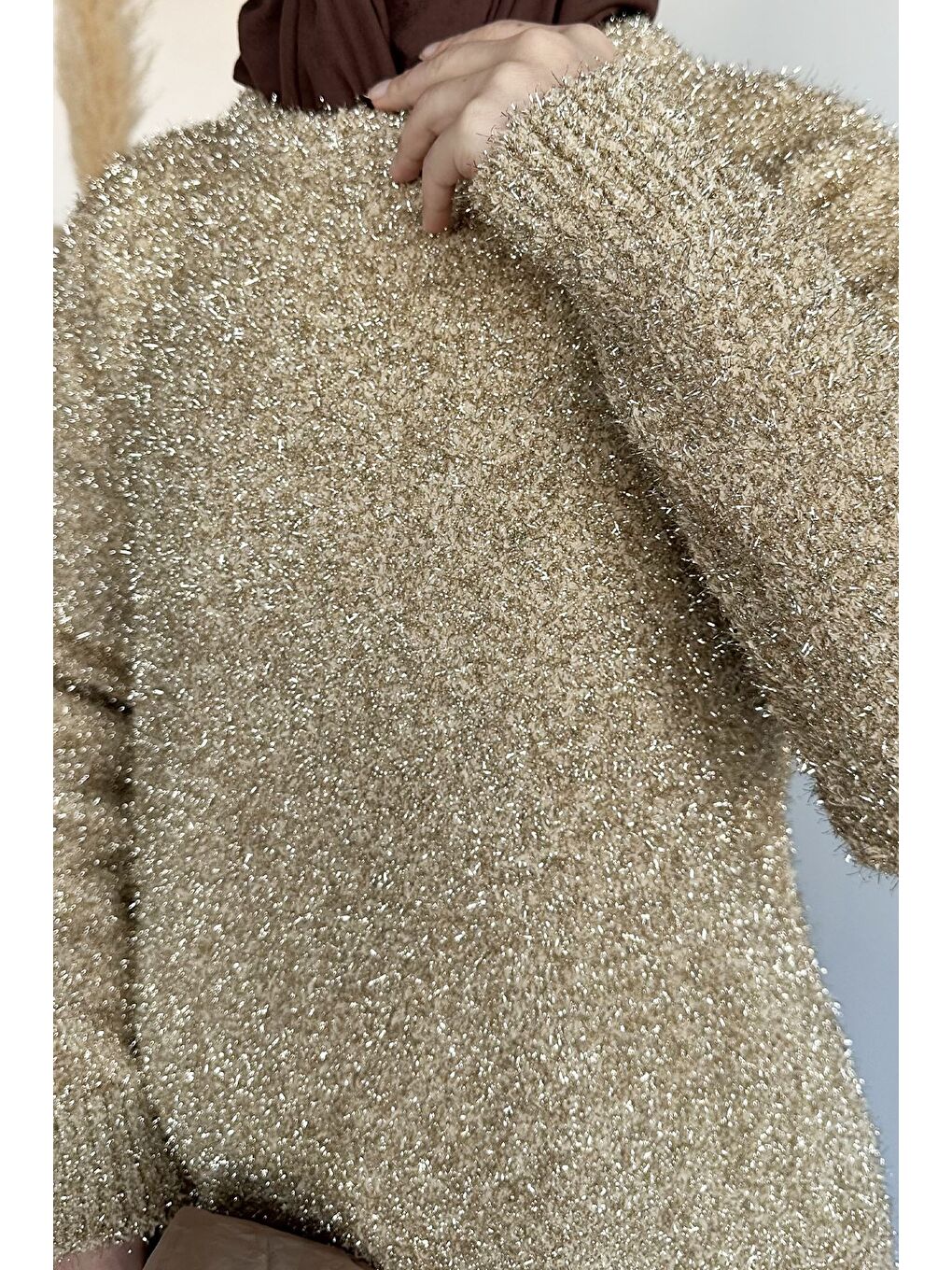 Bej Gülseli Simli Tesettür Triko Tunik-9