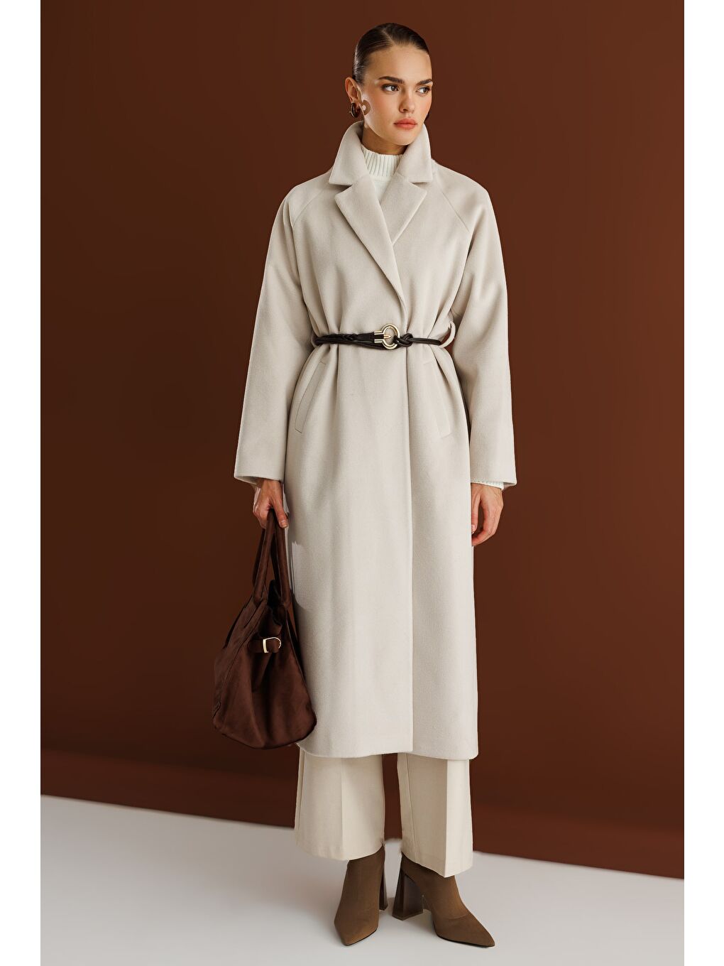 Bej Klasik Uzun Yünlü Ekru Kaşe Kaban-1