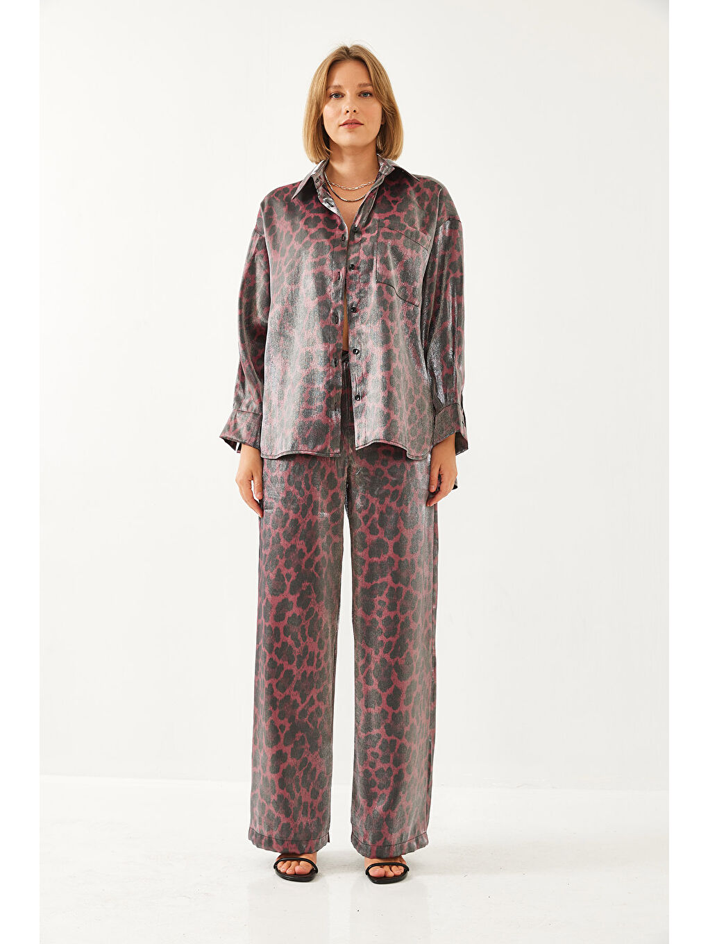 Bordo Kadın Üçlü Desenli Saten Takım