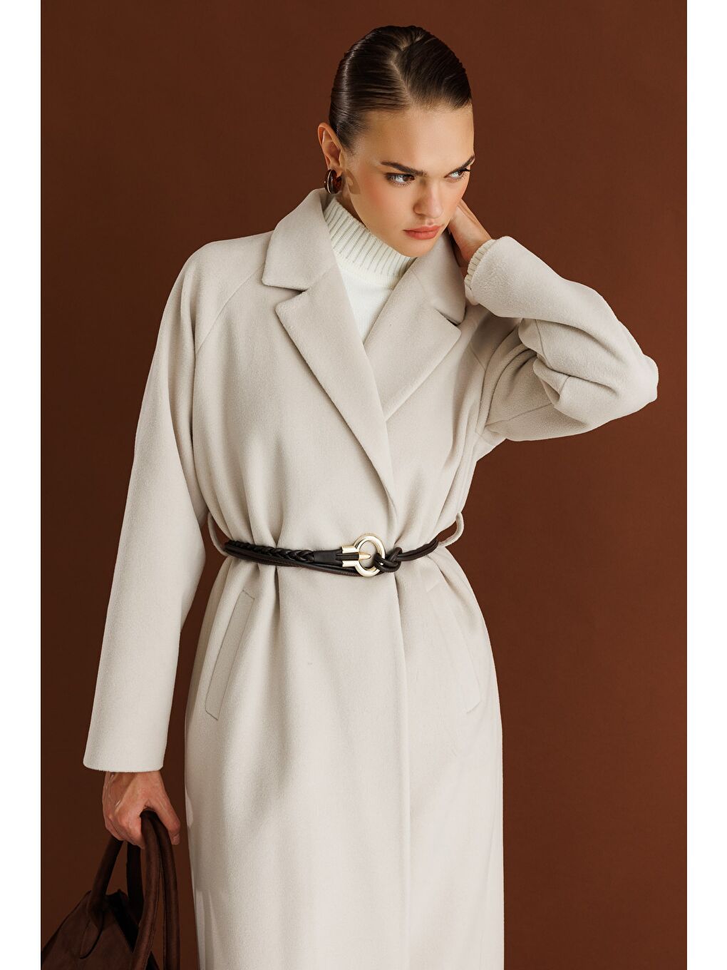 Bej Klasik Uzun Yünlü Ekru Kaşe Kaban-2