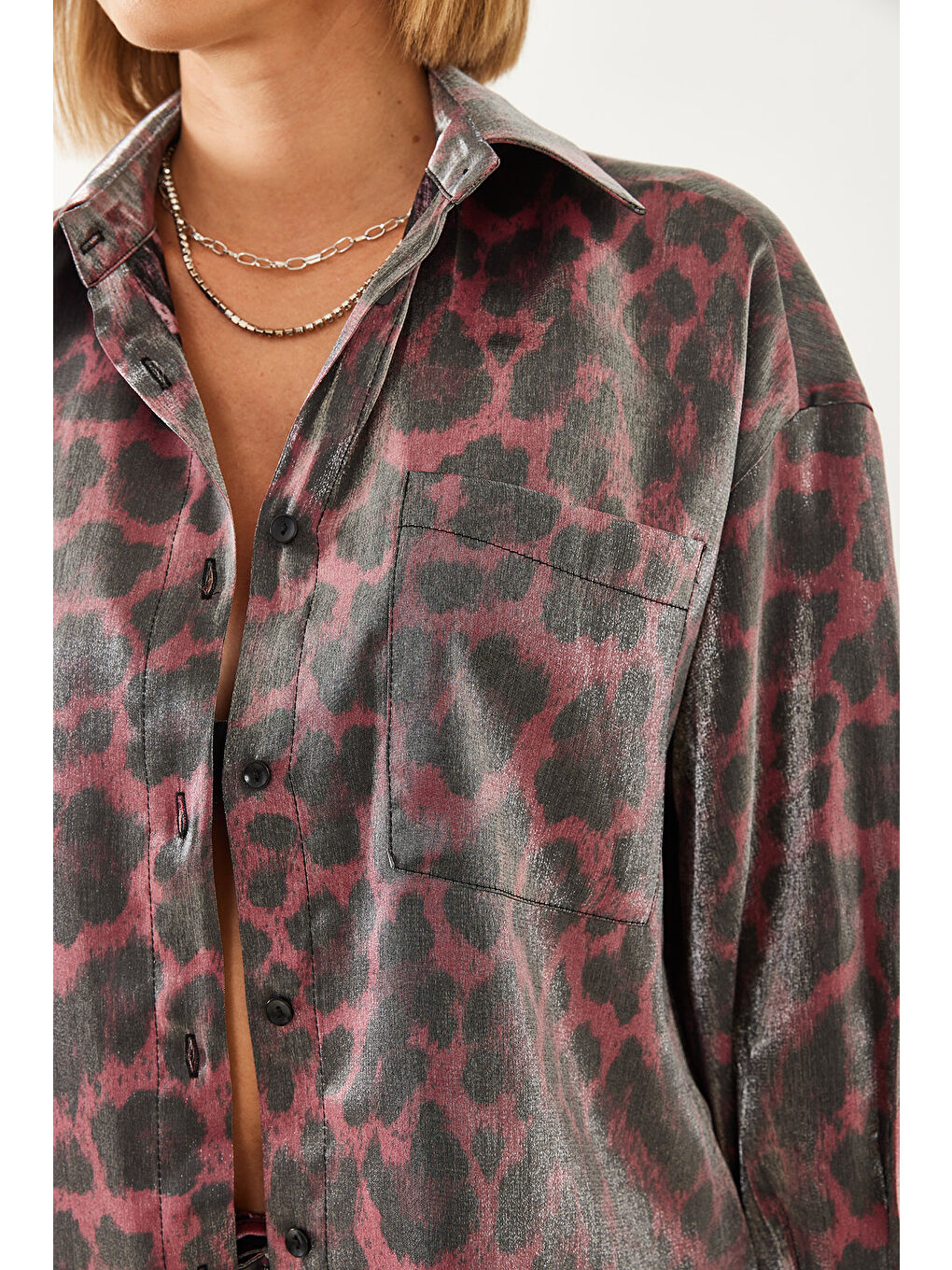 Bordo Kadın Üçlü Desenli Saten Takım-1