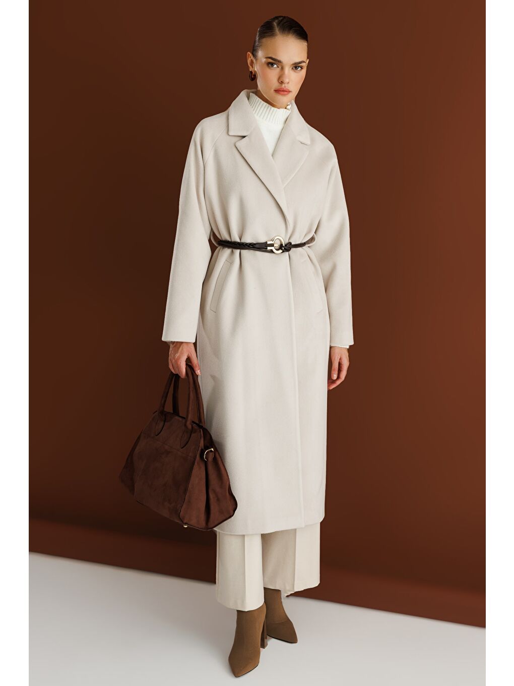 Bej Klasik Uzun Yünlü Ekru Kaşe Kaban-3