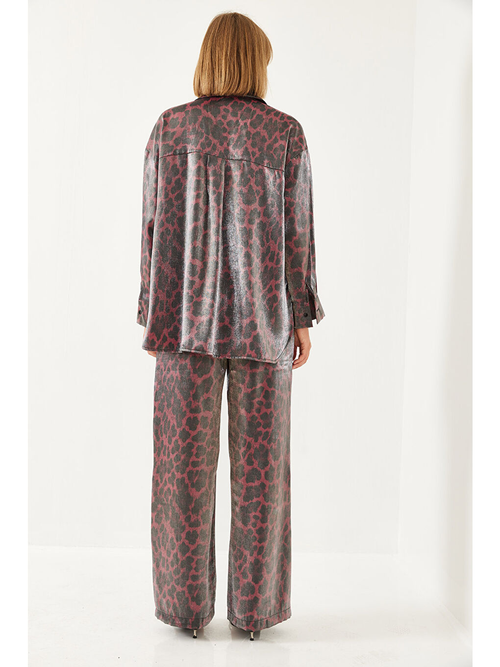 Bordo Kadın Üçlü Desenli Saten Takım-2