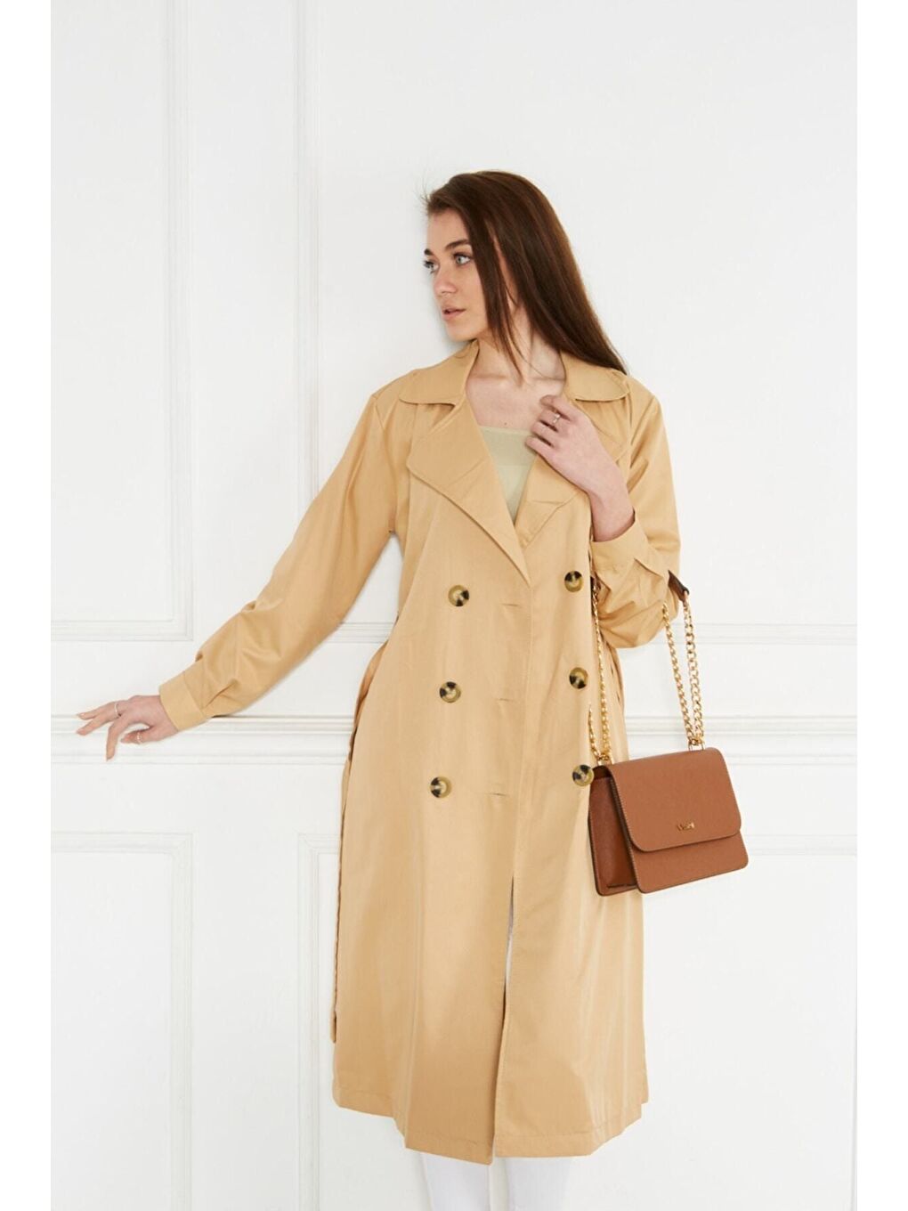 Kahverengi Astarsız Cepli Düğmeli Kuşaklı Yazlık Trenç-1