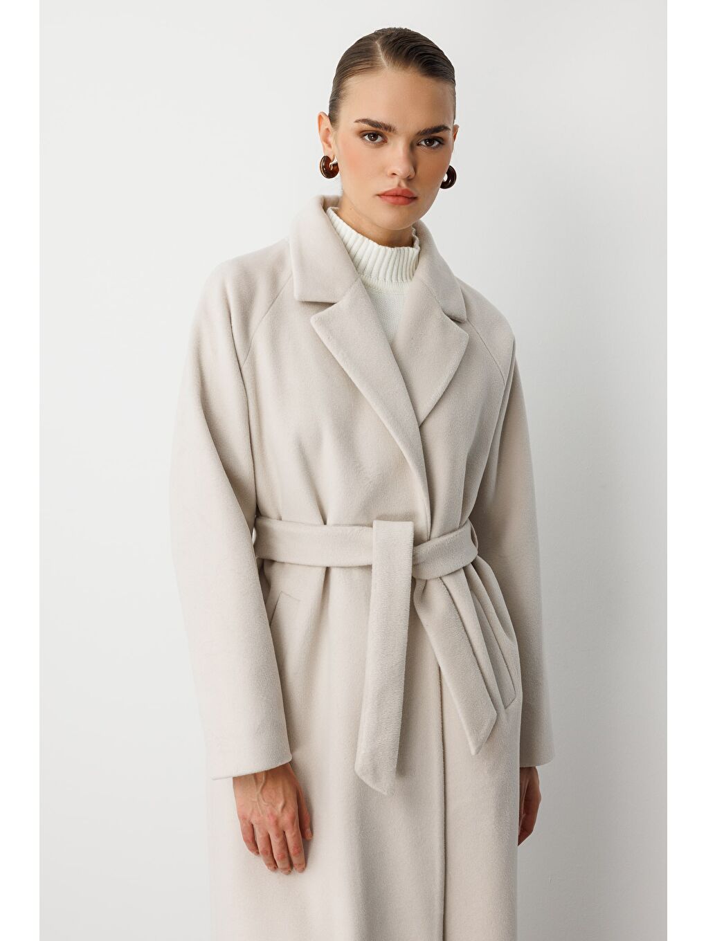 Bej Klasik Uzun Yünlü Ekru Kaşe Kaban-6