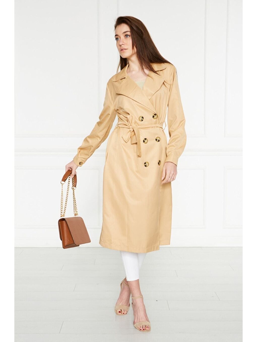 Kahverengi Astarsız Cepli Düğmeli Kuşaklı Yazlık Trenç-2