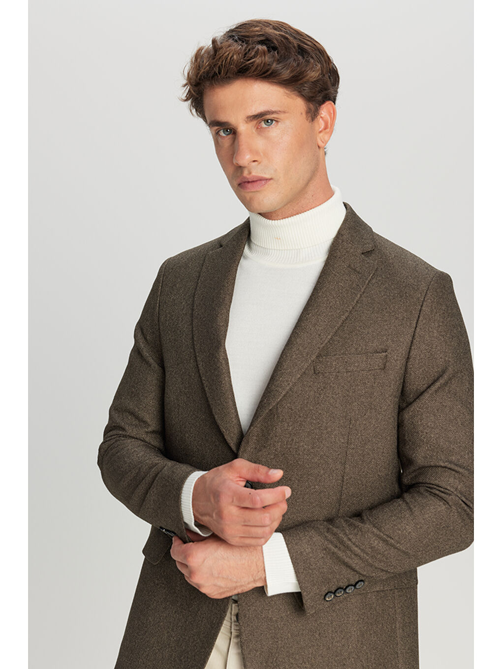 Erkek Haki Slim Fit Dar Kesim Mono Yaka Kapak Cepli Blazer Ceket-3