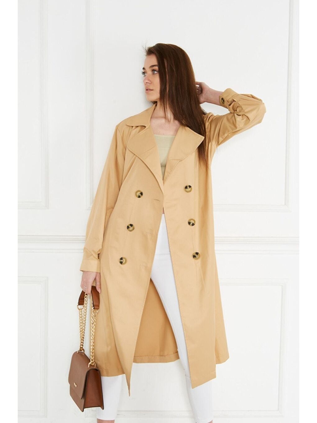 Kahverengi Astarsız Cepli Düğmeli Kuşaklı Yazlık Trenç-3