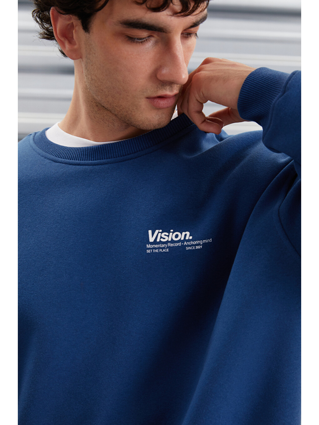 Mavi Ernest Erkek Organik Pamuklu Yumuşacık Baskı Detaylı Bisiklet Yaka İçi Polarlı MAVİ Sweatshirt-2