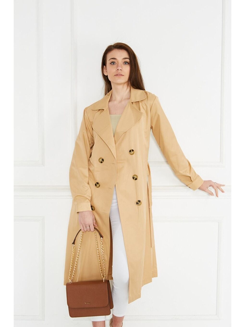 Kahverengi Astarsız Cepli Düğmeli Kuşaklı Yazlık Trenç-4