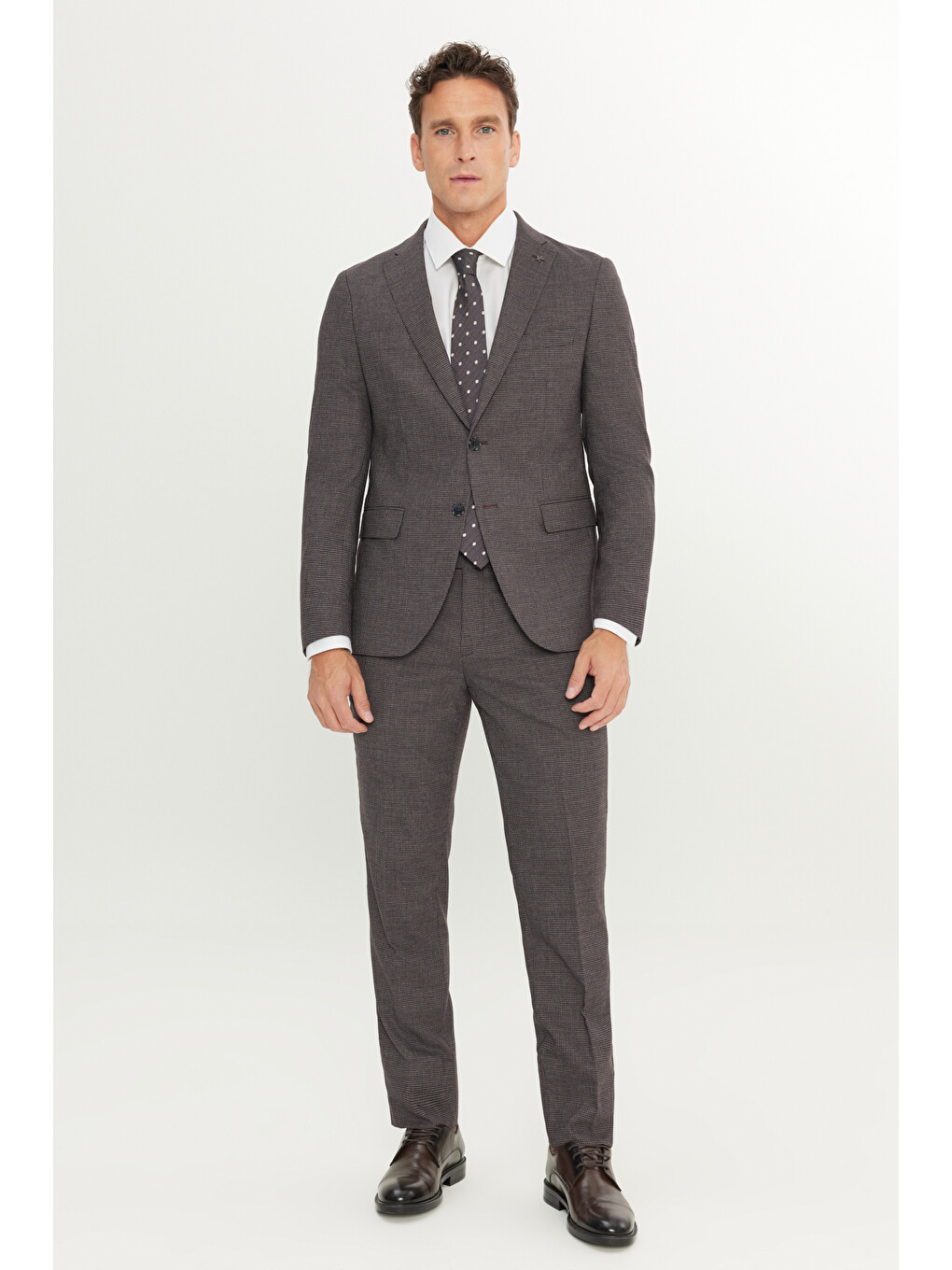 Erkek Bordo-Gri Yünlü Ekstra Slim Fit Dar Kesim Mono Yaka Kaz Ayağı Desenli Takım Elbise-1