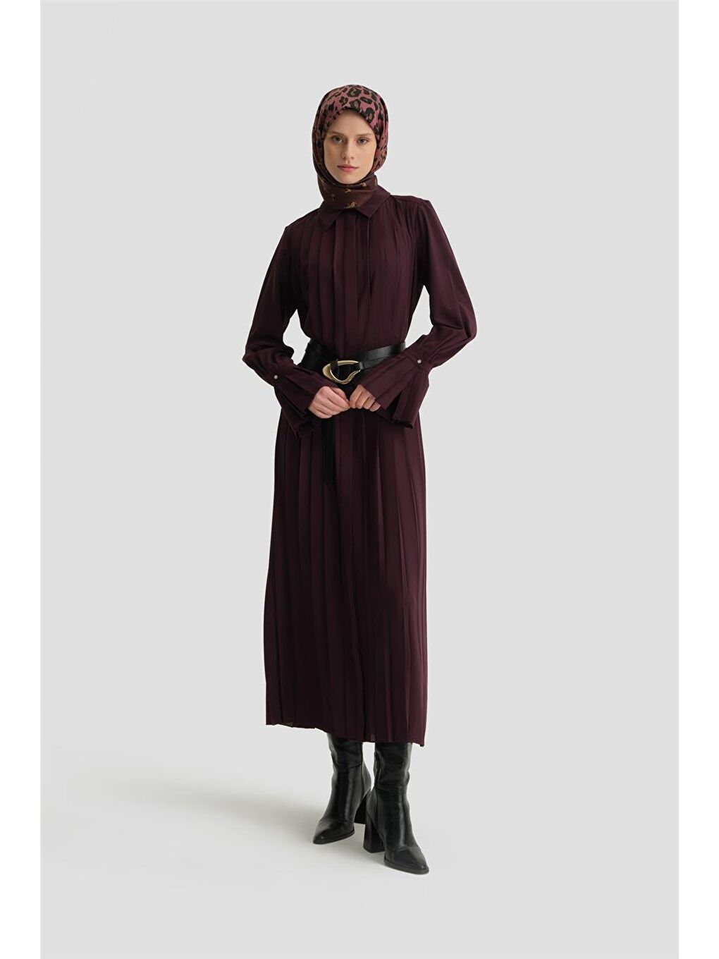 Piliseli Gömlek Elbise 24K9904 Mor-4