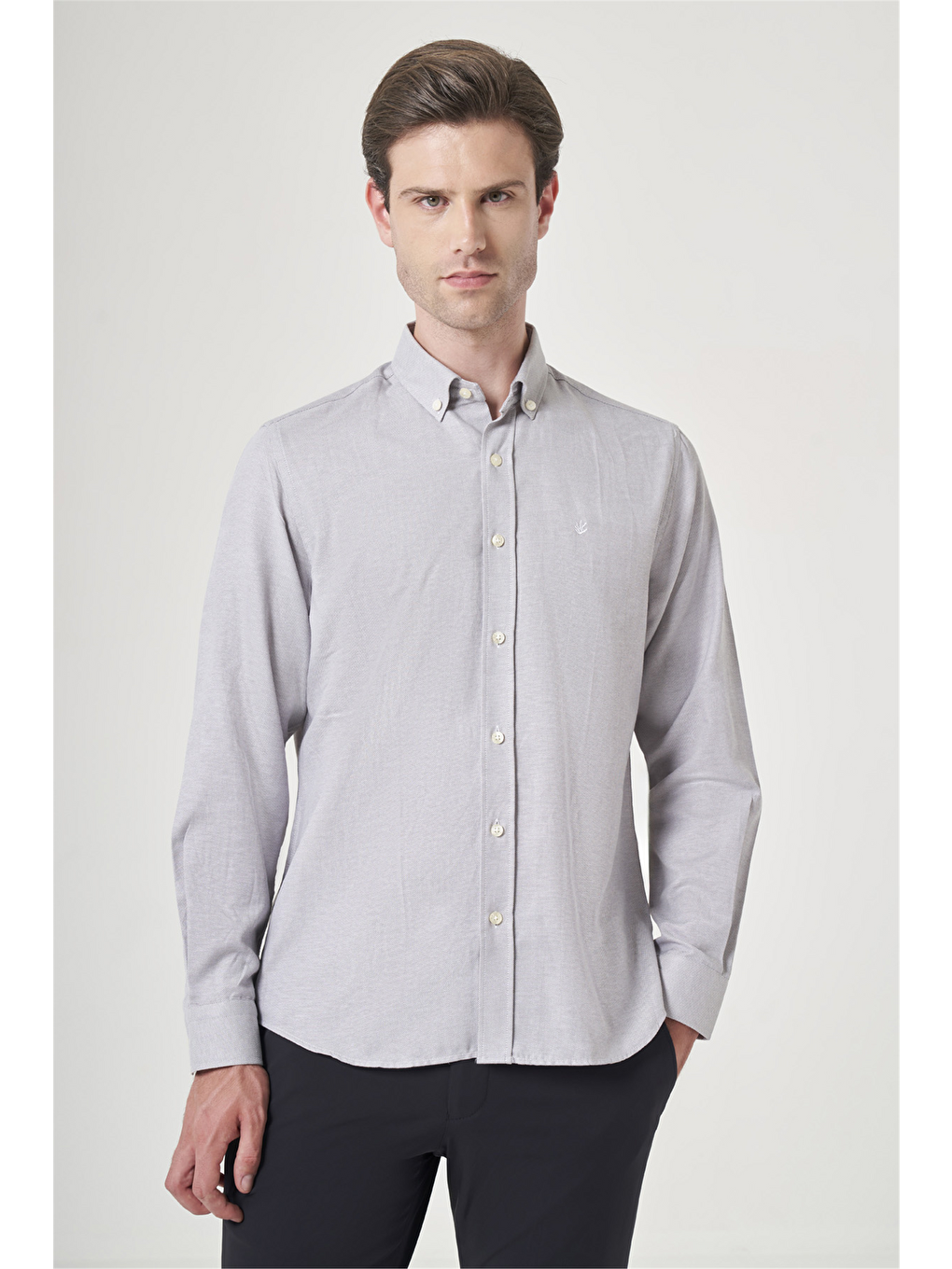 Gri Düğmeli Yaka Oxford Slim Fit Pamuklu Gömlek 1004265124