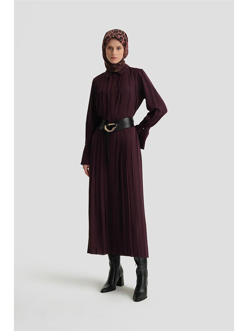 Piliseli Gömlek Elbise 24K9904 Mor-3