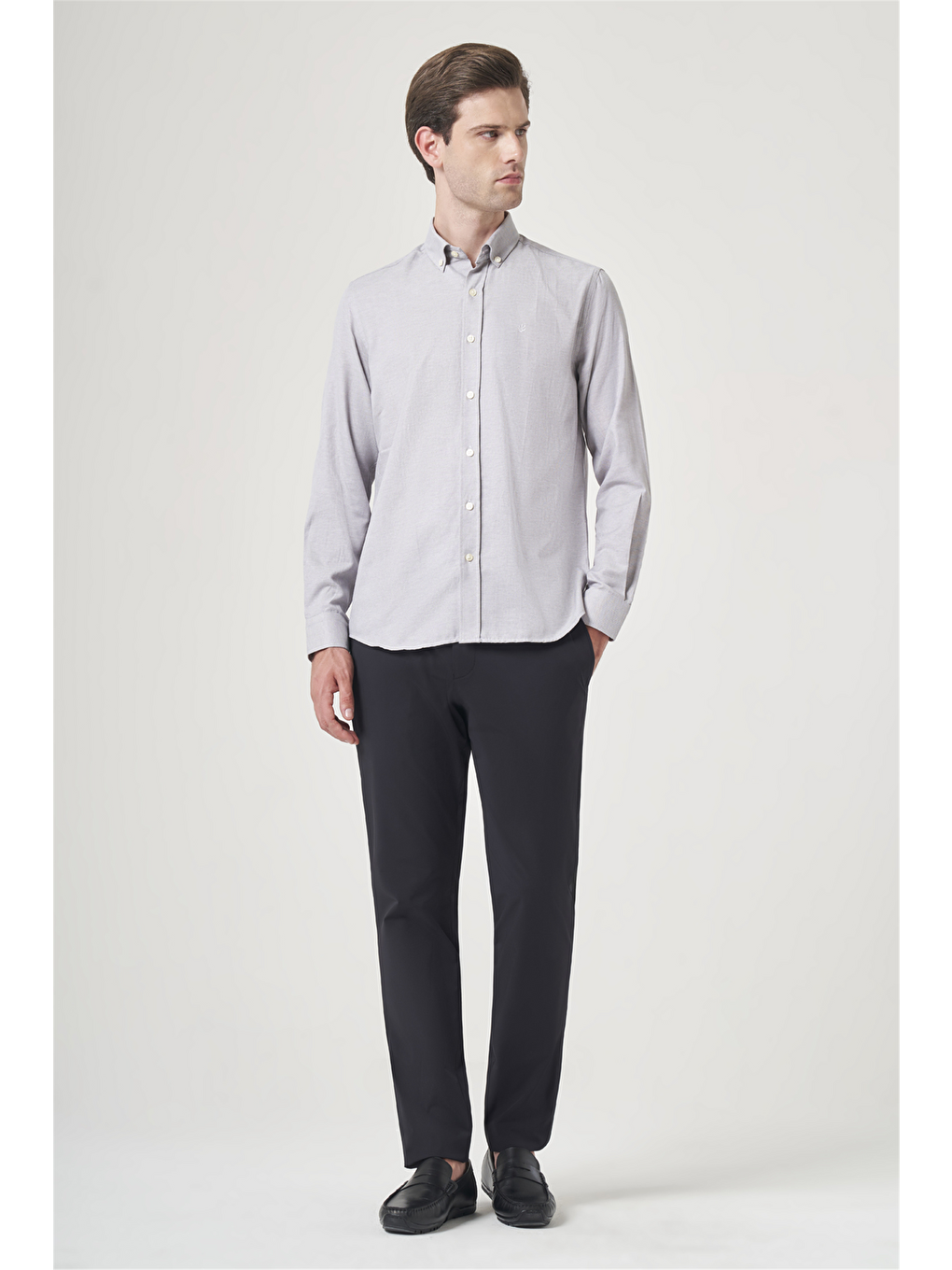 Gri Düğmeli Yaka Oxford Slim Fit Pamuklu Gömlek 1004265124-1