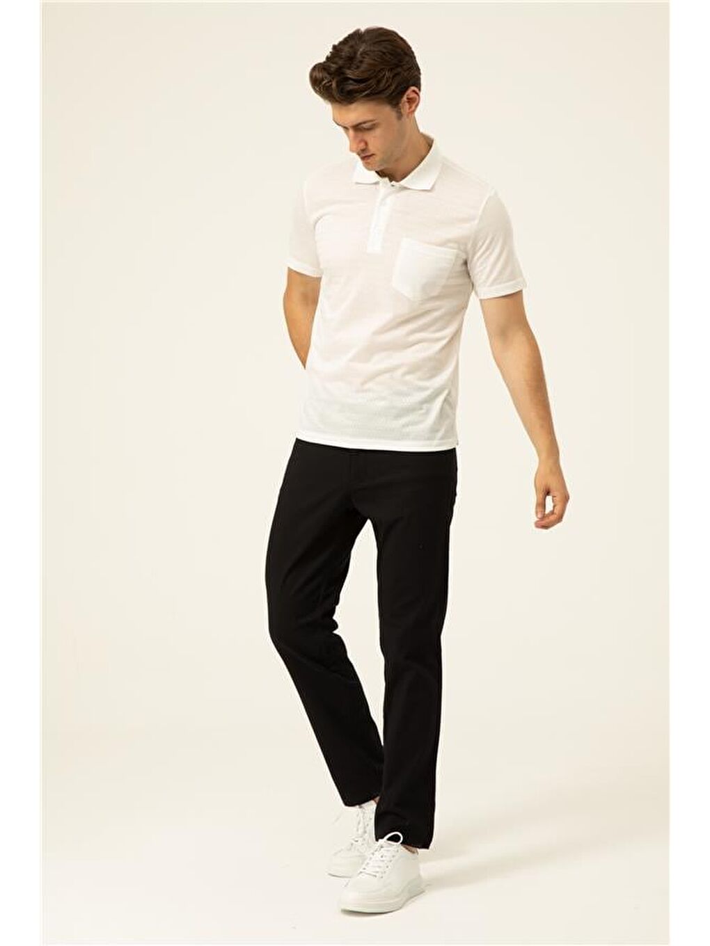 Beyaz Regular Armürlü Polo Yaka Tişört-3