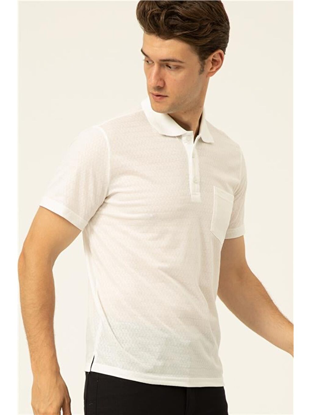 Beyaz Regular Armürlü Polo Yaka Tişört-4