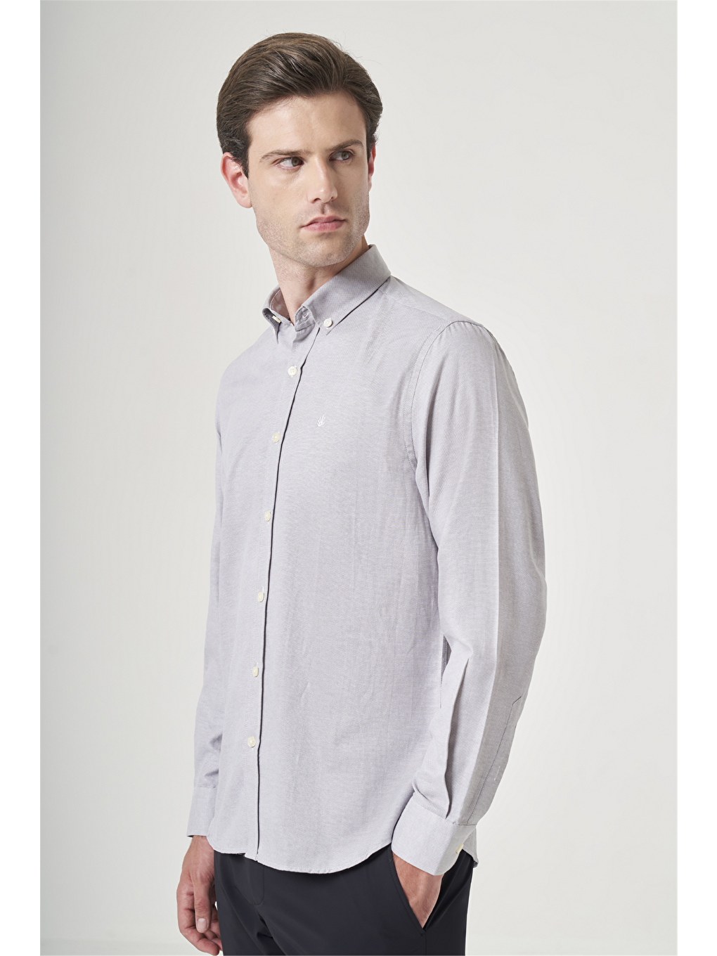 Gri Düğmeli Yaka Oxford Slim Fit Pamuklu Gömlek 1004265124-2