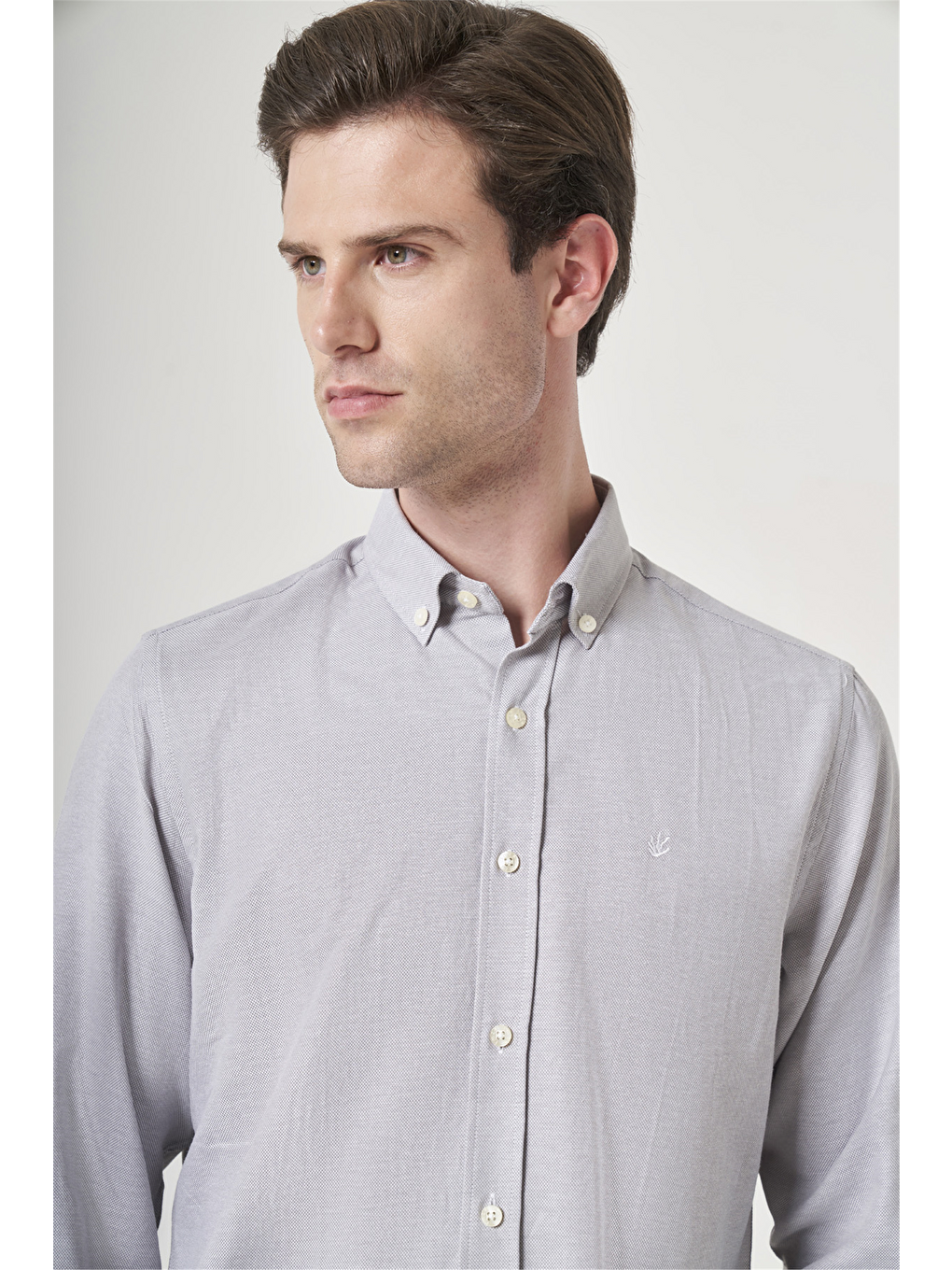 Gri Düğmeli Yaka Oxford Slim Fit Pamuklu Gömlek 1004265124-3