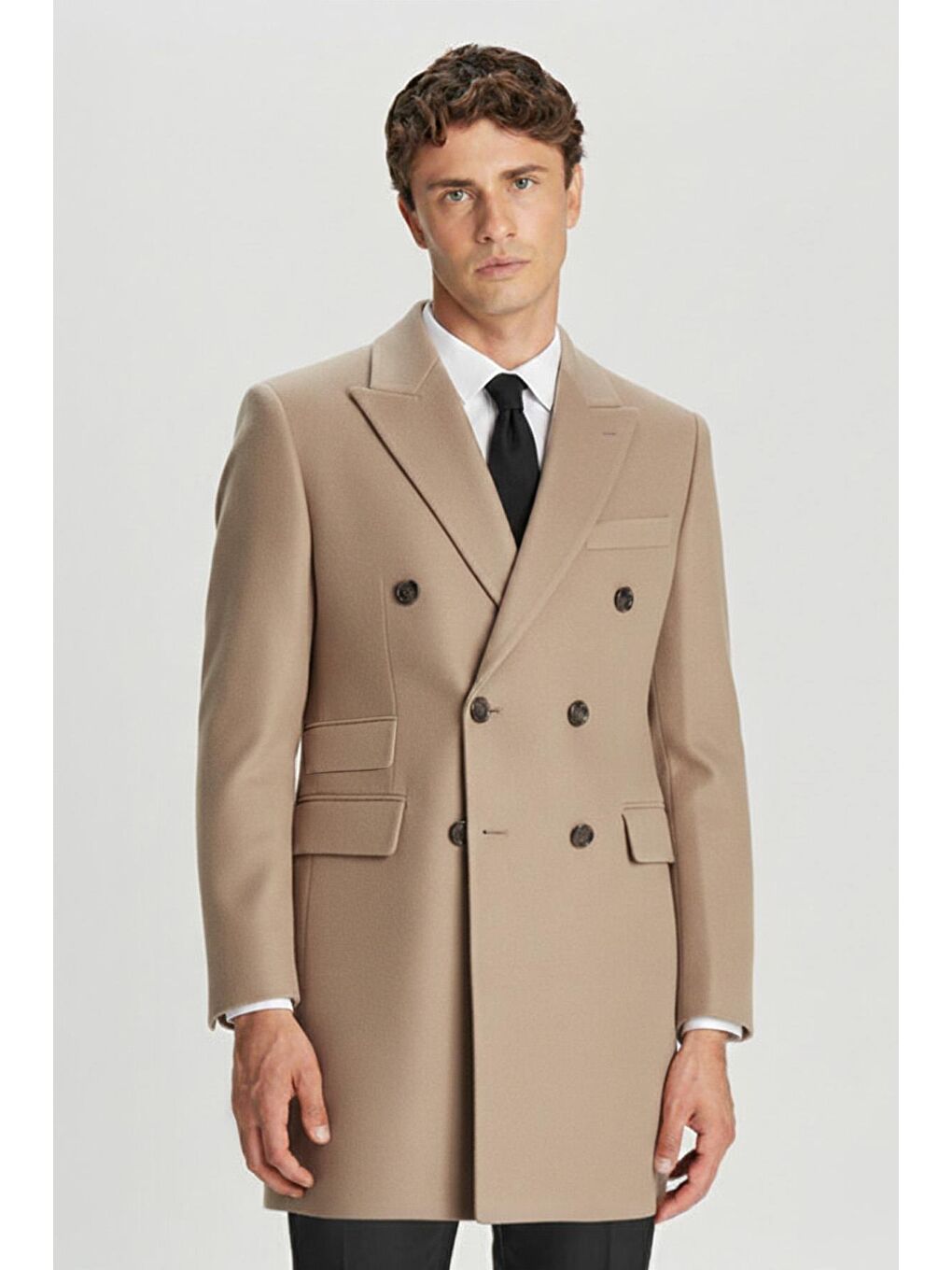 Kahverengi Giotelli Camel Slim Fit Yün Karışımlı Sivri Yaka Kruvaze 6 Drop Orta Boy Erkek Palto-1