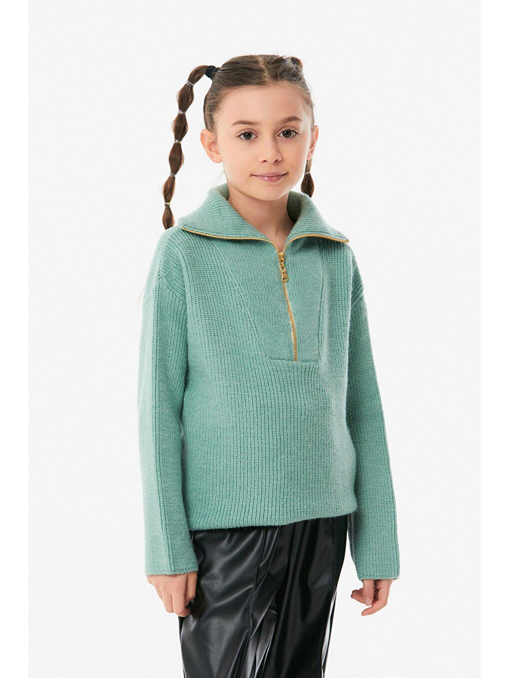 Turkuaz Yarım Fermuarlı Dik Yaka Kız Çocuk Triko Kazak