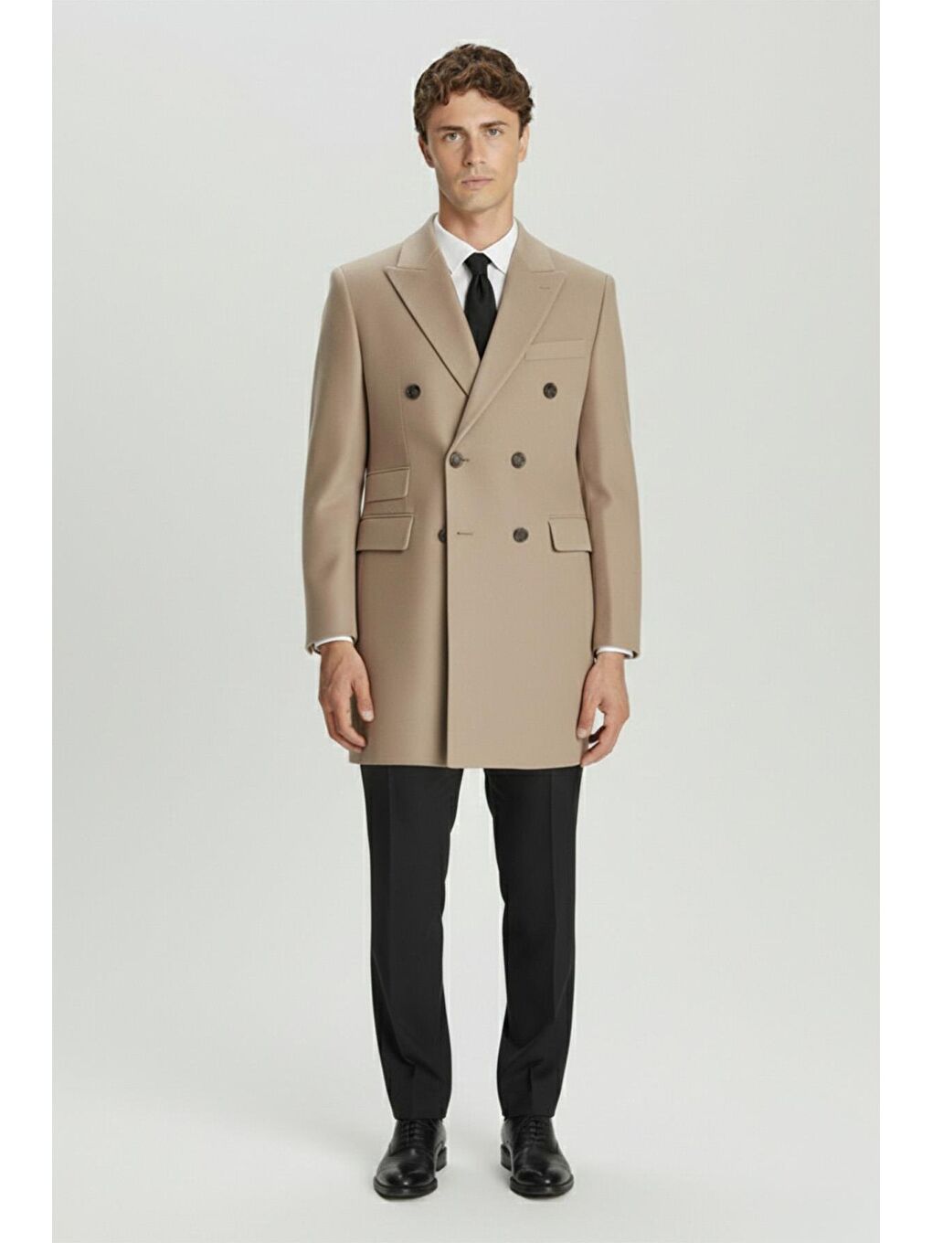 Kahverengi Giotelli Camel Slim Fit Yün Karışımlı Sivri Yaka Kruvaze 6 Drop Orta Boy Erkek Palto-2