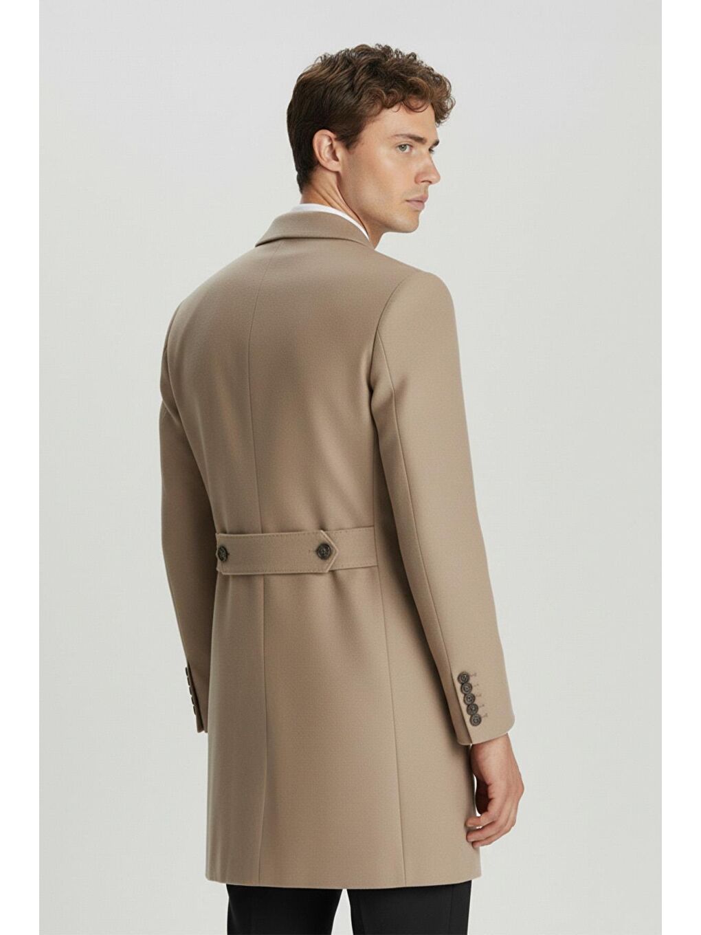 Kahverengi Giotelli Camel Slim Fit Yün Karışımlı Sivri Yaka Kruvaze 6 Drop Orta Boy Erkek Palto-3