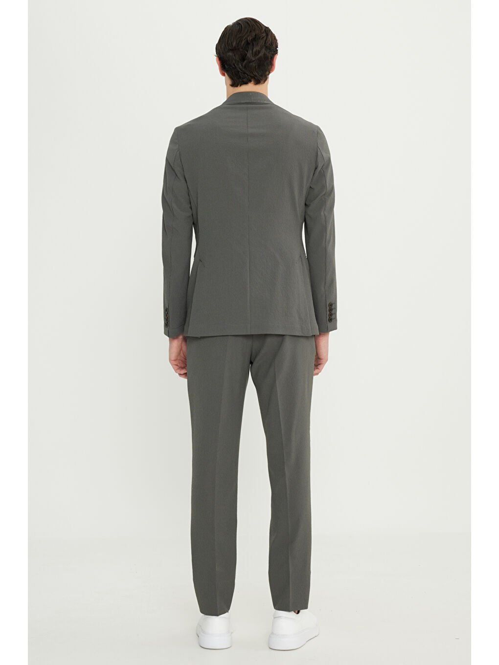 Erkek Haki Slim Fit Mono Yaka Kapak Cepli Esnek Takım Elbise-8