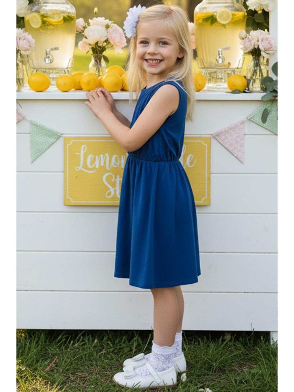 Kız Çocuk Açık Lacivert Elbise Beyaz Toka Takım