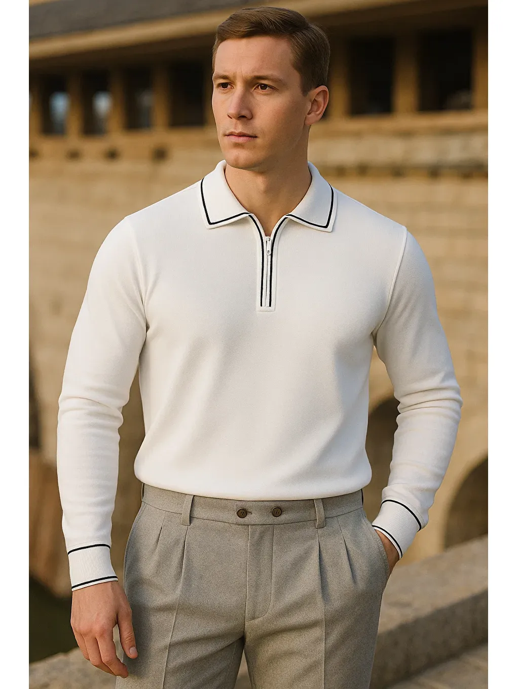 Erkek Çizgili Trend Uzun Kollu Beyaz Polo Yaka Kazak