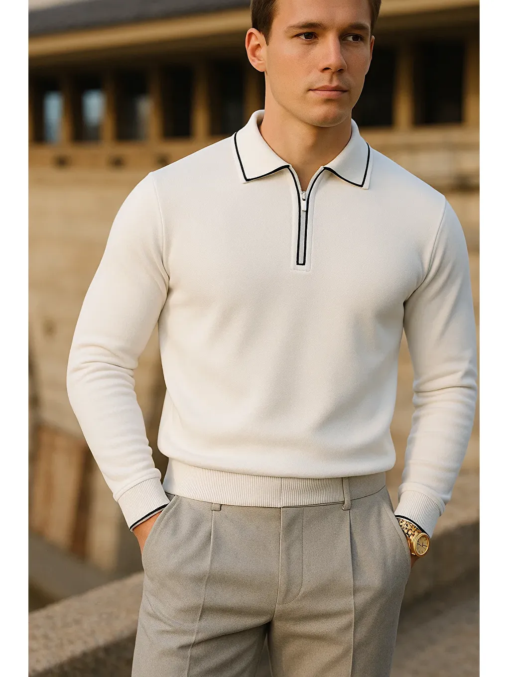 Erkek Çizgili Trend Uzun Kollu Beyaz Polo Yaka Kazak-1