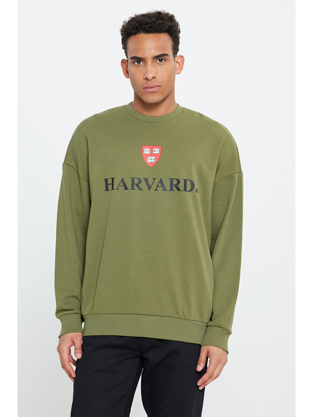 Erkek Haki Oversize Fit Bol Kesim Harvard Lisanslı 3 İplik Pamuklu Bisiklet Yaka Sweatshirt