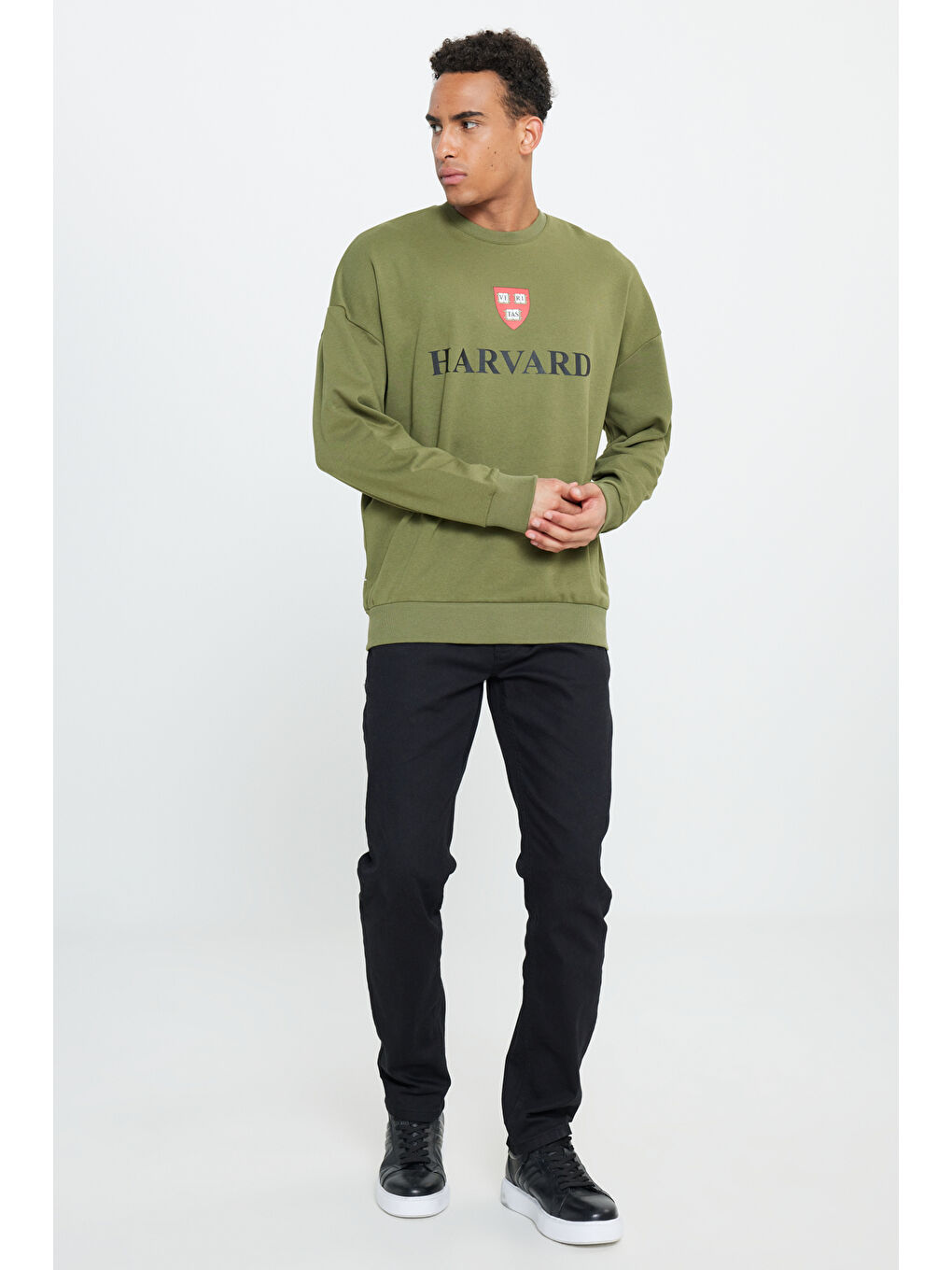 Erkek Haki Oversize Fit Bol Kesim Harvard Lisanslı 3 İplik Pamuklu Bisiklet Yaka Sweatshirt-1