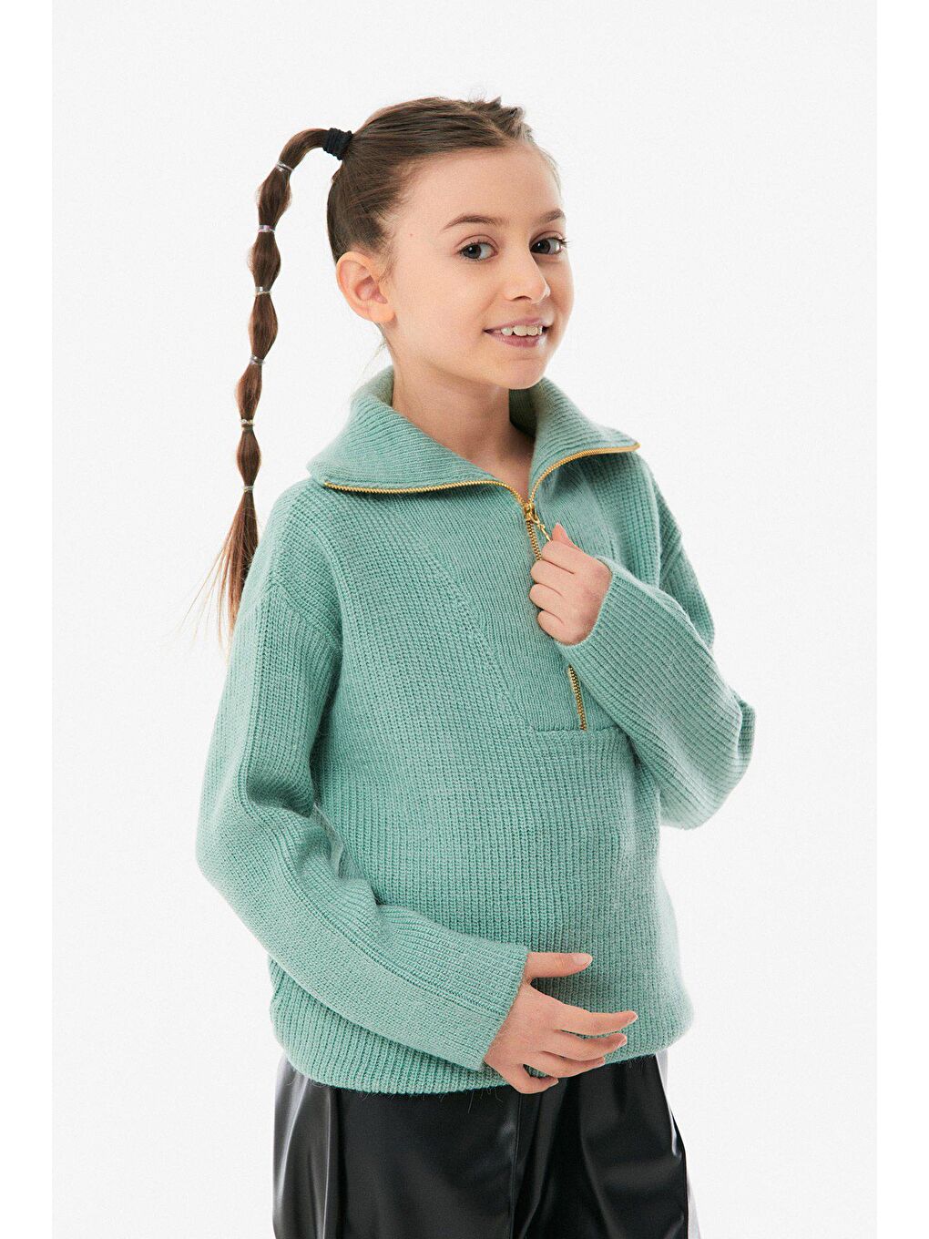 Turkuaz Yarım Fermuarlı Dik Yaka Kız Çocuk Triko Kazak-1