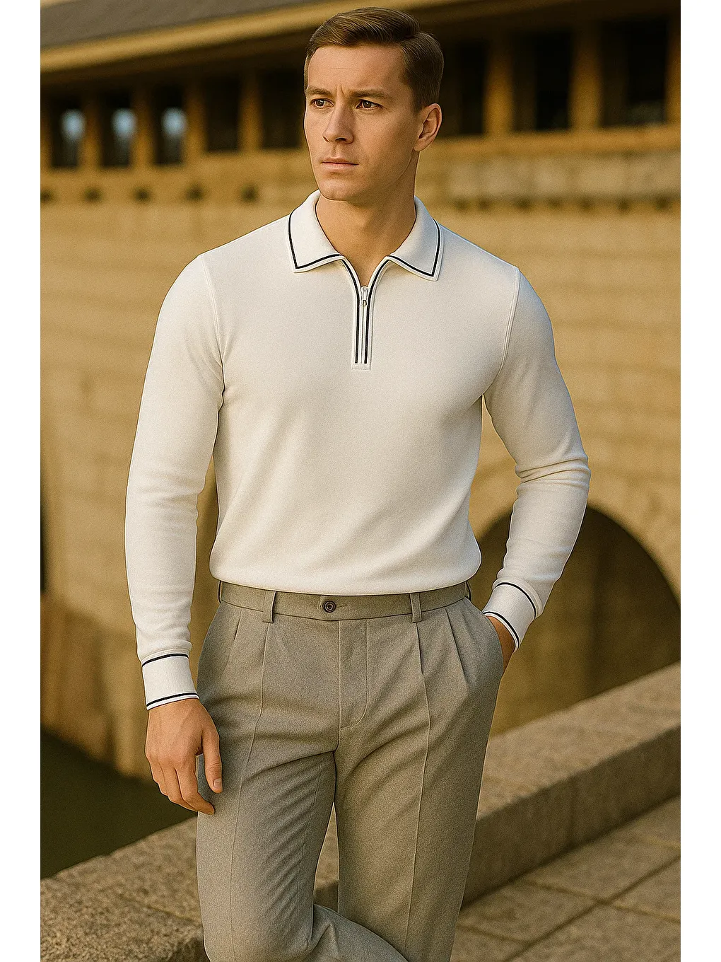 Erkek Çizgili Trend Uzun Kollu Beyaz Polo Yaka Kazak-2