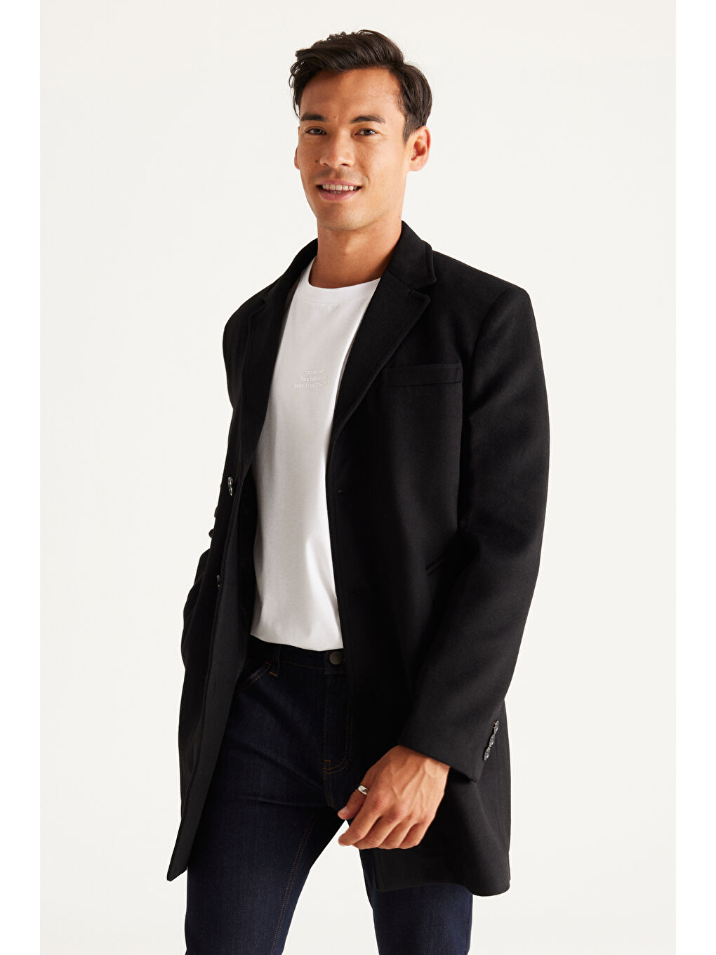 Erkek Siyah Standart Fit Normal Kesim Mono Yaka Yünlü Palto-1