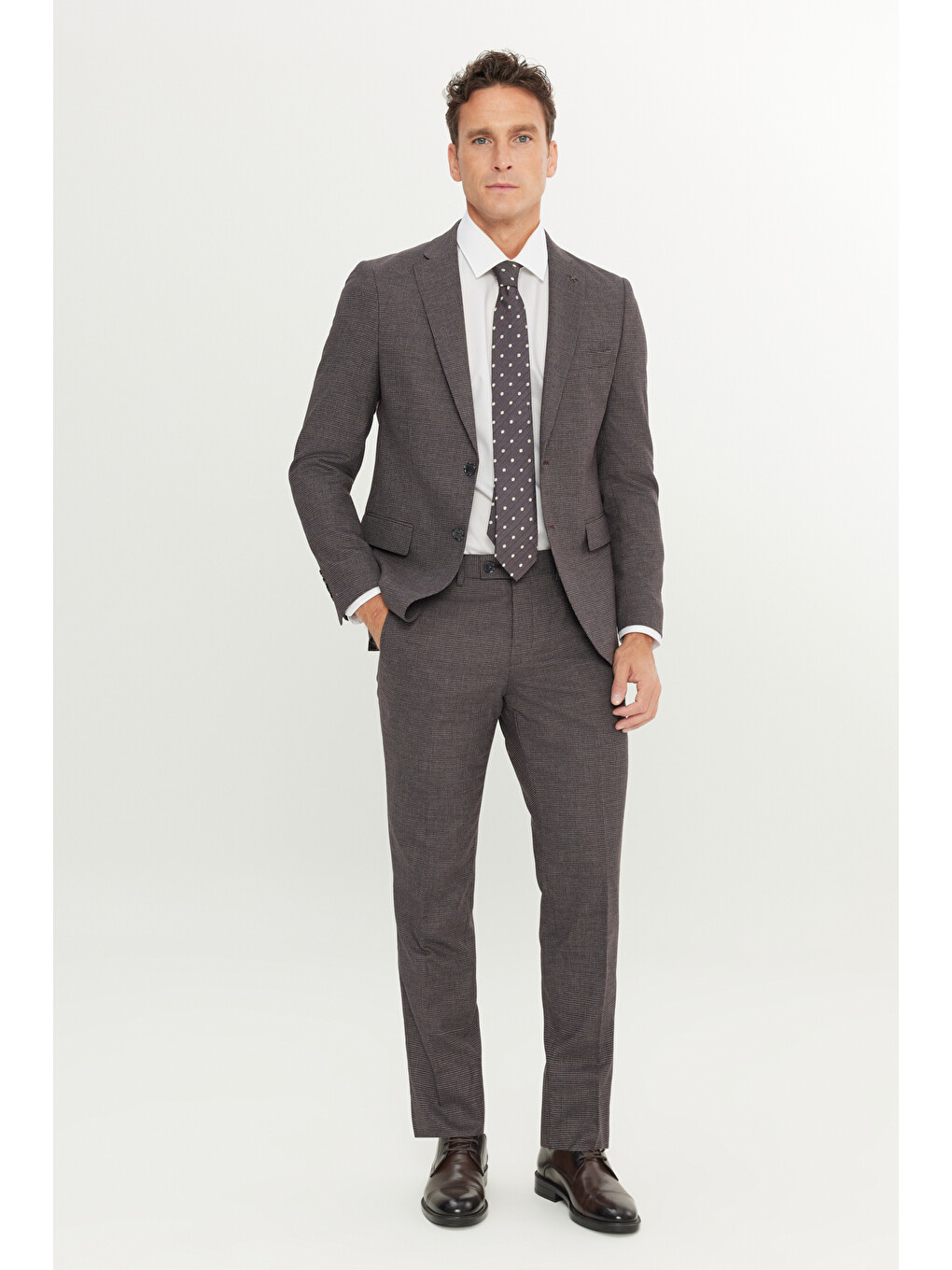 Erkek Bordo-Gri Yünlü Ekstra Slim Fit Dar Kesim Mono Yaka Kaz Ayağı Desenli Takım Elbise-4