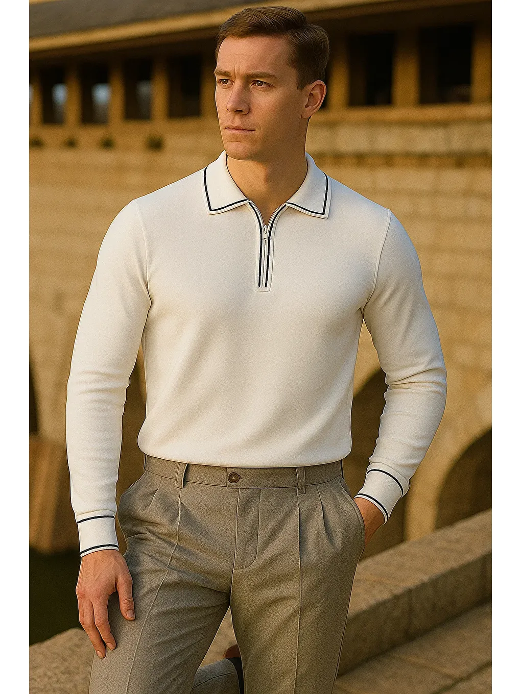 Erkek Çizgili Trend Uzun Kollu Beyaz Polo Yaka Kazak-3