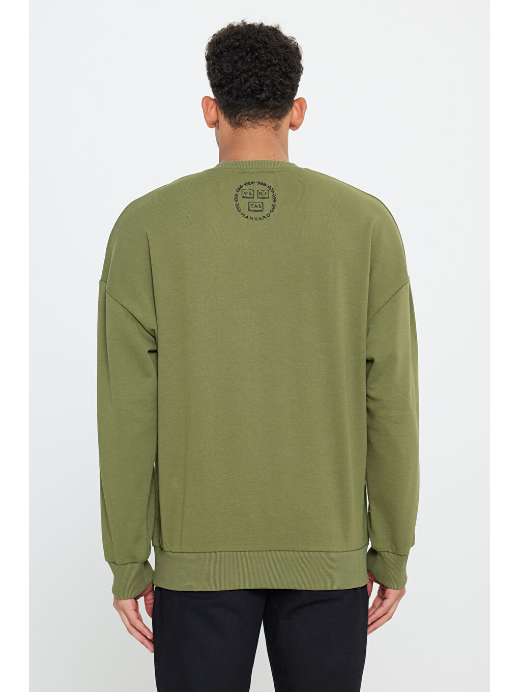 Erkek Haki Oversize Fit Bol Kesim Harvard Lisanslı 3 İplik Pamuklu Bisiklet Yaka Sweatshirt-4