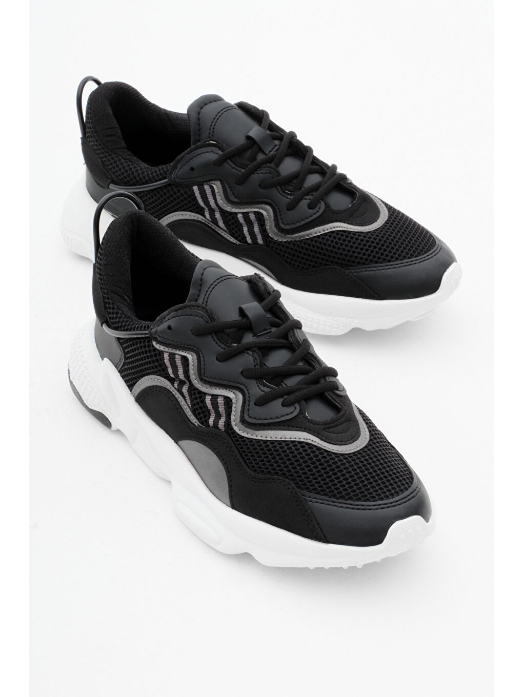 Unisex Siyah Beyaz Rahat Kalıp Yüksek Taban Şeritli Bağcıklı Spor Ayakkabı-2