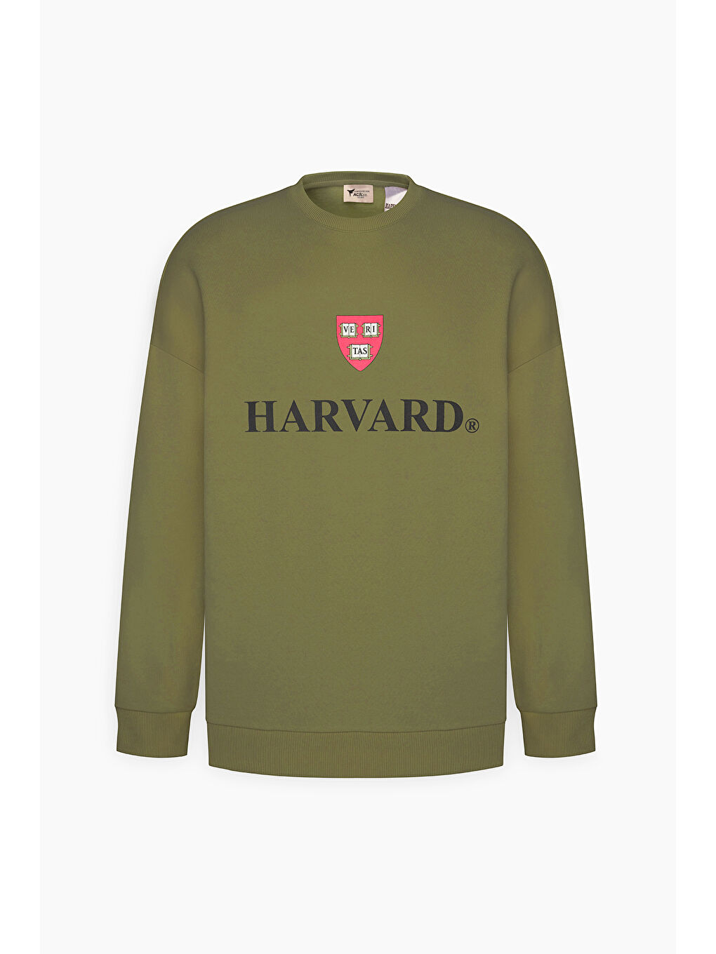 Erkek Haki Oversize Fit Bol Kesim Harvard Lisanslı 3 İplik Pamuklu Bisiklet Yaka Sweatshirt-5