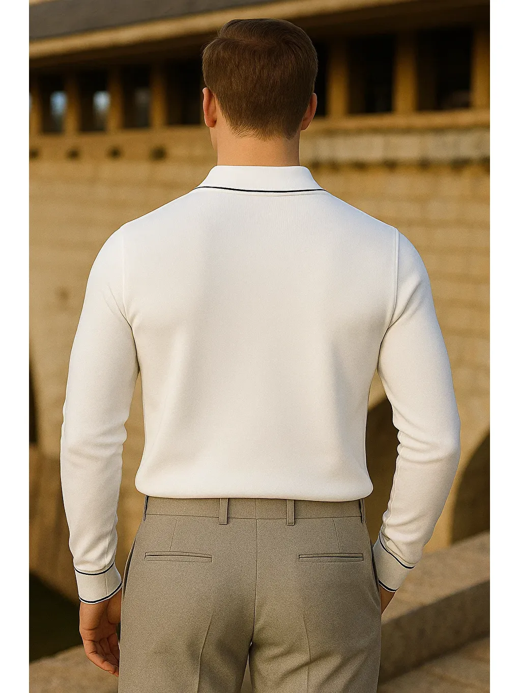 Erkek Çizgili Trend Uzun Kollu Beyaz Polo Yaka Kazak-4