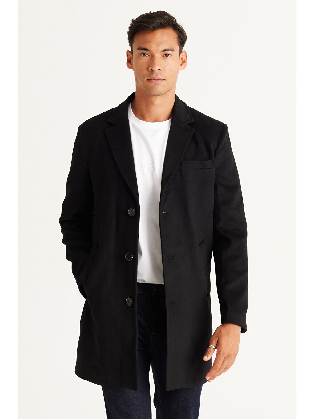 Erkek Siyah Standart Fit Normal Kesim Mono Yaka Yünlü Palto-4