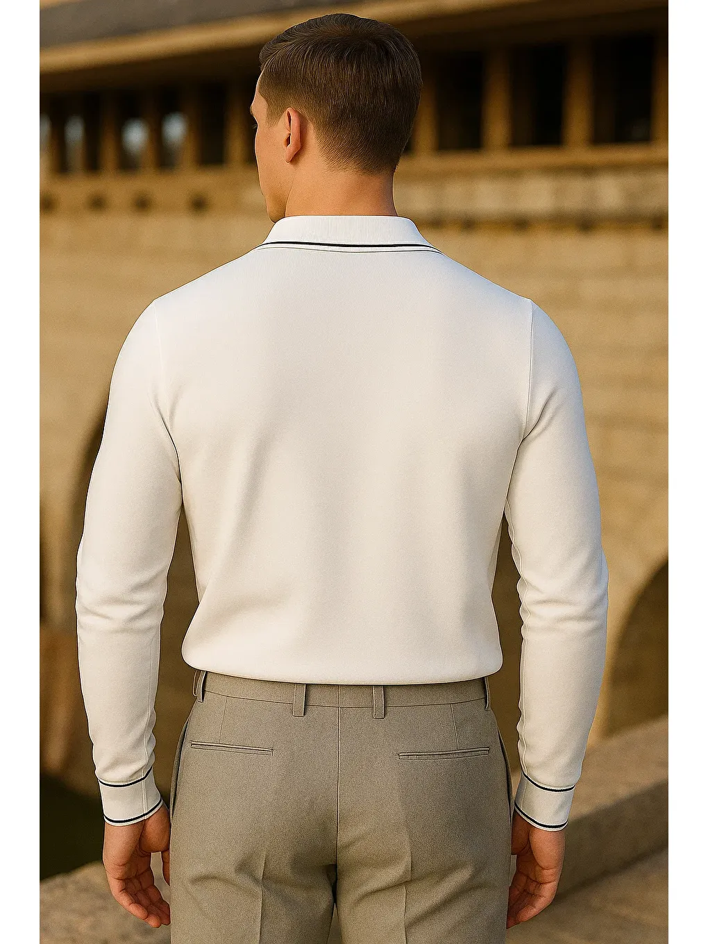 Erkek Çizgili Trend Uzun Kollu Beyaz Polo Yaka Kazak-5