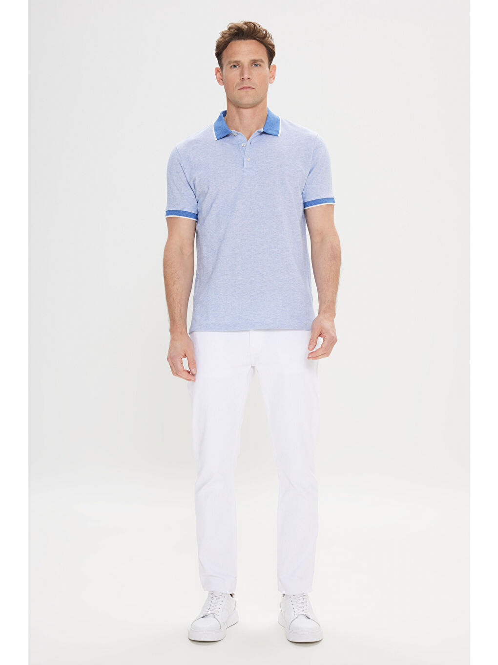 Erkek Mavi Slim Fit Dar Kesim Pamuklu Jakarlı Polo Yaka Tişört-1