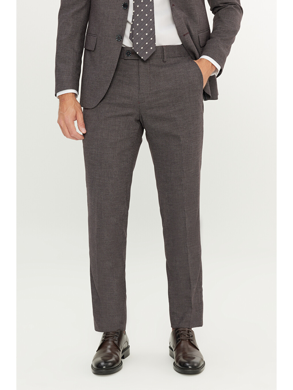 Erkek Bordo-Gri Yünlü Ekstra Slim Fit Dar Kesim Mono Yaka Kaz Ayağı Desenli Takım Elbise-5