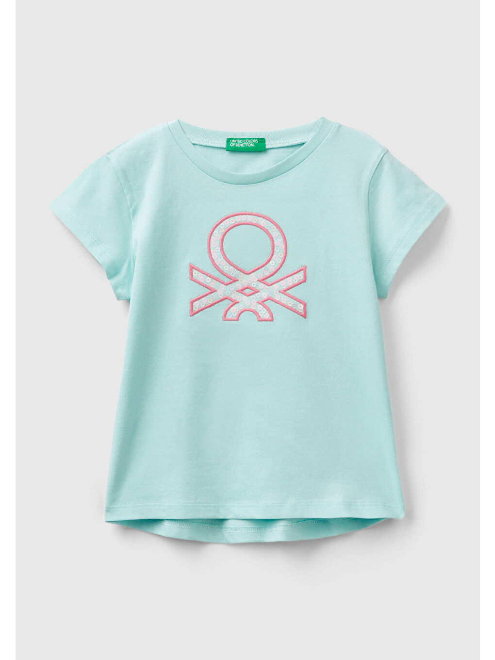 Turkuaz Kız Çocuk Su Yeşili Payetli Logo İşlemeli Yaz Tişört