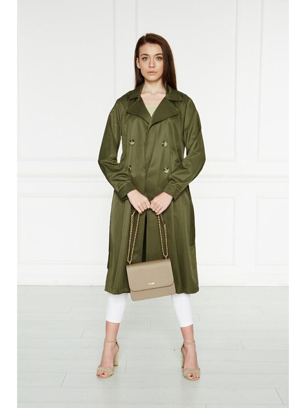 Haki Astarsız Cepli Düğmeli Kuşaklı Yazlık Trenç-1